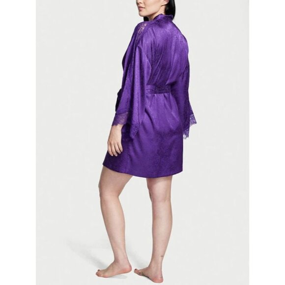 VICTORIAS SECRET Luxe Satin Jacquard Lace Inset Robe Size M L Royal Purple Belt - Picture 2 of 10